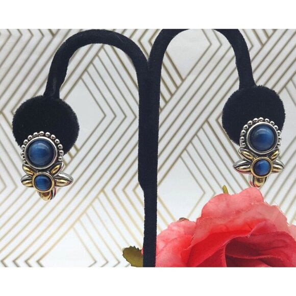 Michael Morrison Two Tone Silver & Gold Blue Glass Bead Floral Earrings Sign MX - Picture 7 of 11